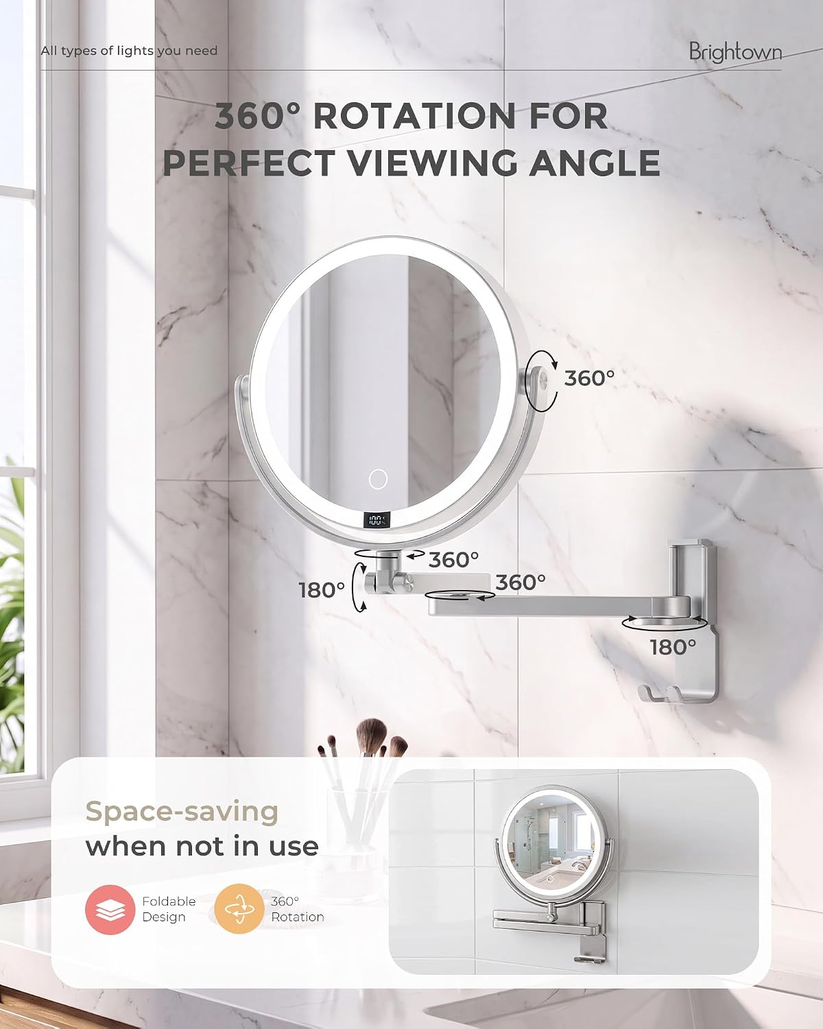 4000mAh Rechargeable Wall Mounted Lighted Makeup Mirror, 3 Color Lights & Smart LED Digital Display