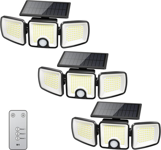 3 Pack Solar Powered 223 LED 3 Head Security Flood Lights with Motion Sensor, 3 Modes