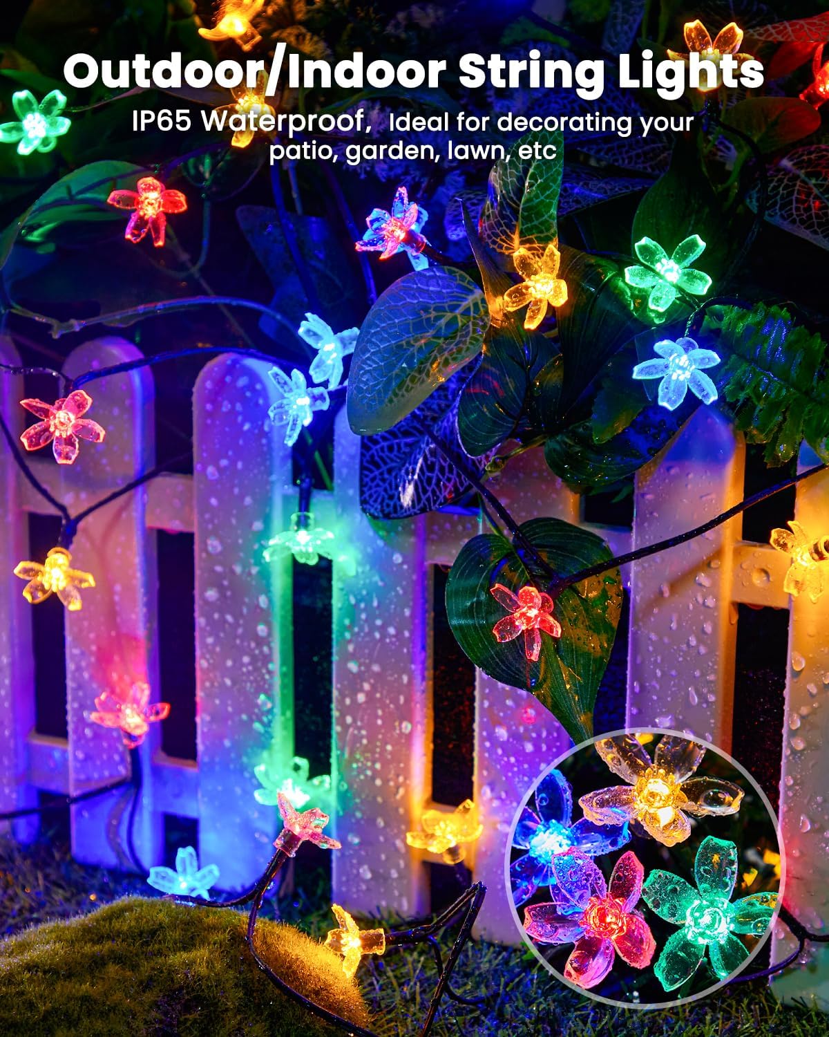 4 Pack 60 LED Flowers Solar String Lights for Garden Yard Fence Patio, Multicolor