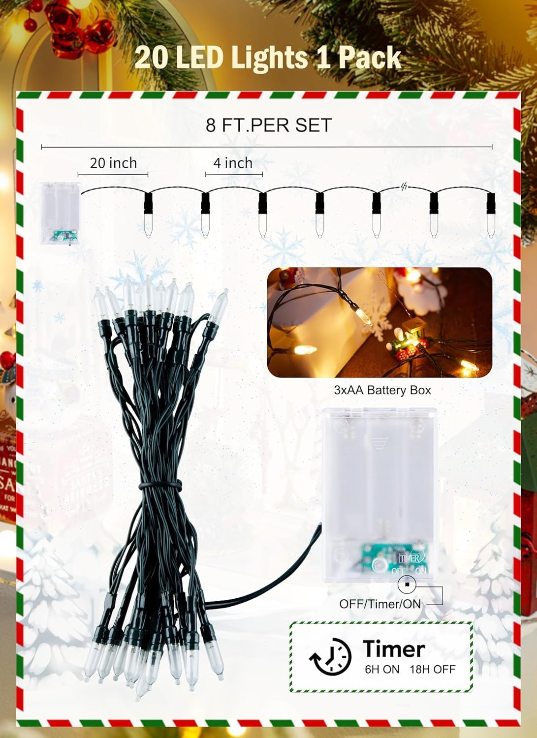 8ft 20LED Battery Operated Mini String Lights for Christmas Party Holiday Decoration, Warm White