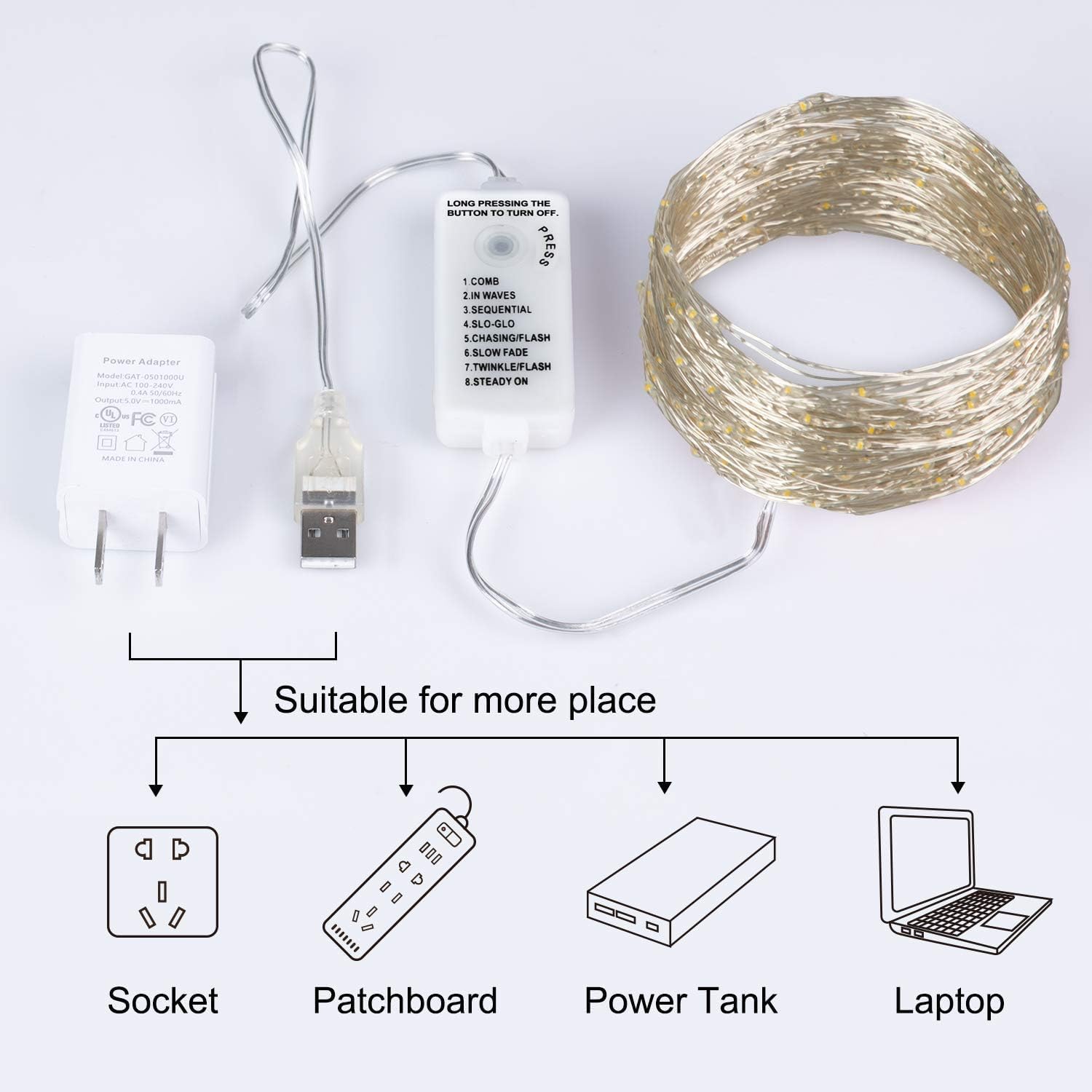 USB Fairy String Lights - 40FT 120LED, 8 Lighting Modes, Pure White
