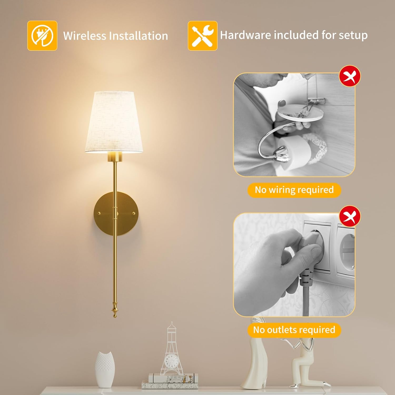 Battery Operated Wall Sconces, Set of 2 Rechargeable Cordless Lights with Remote