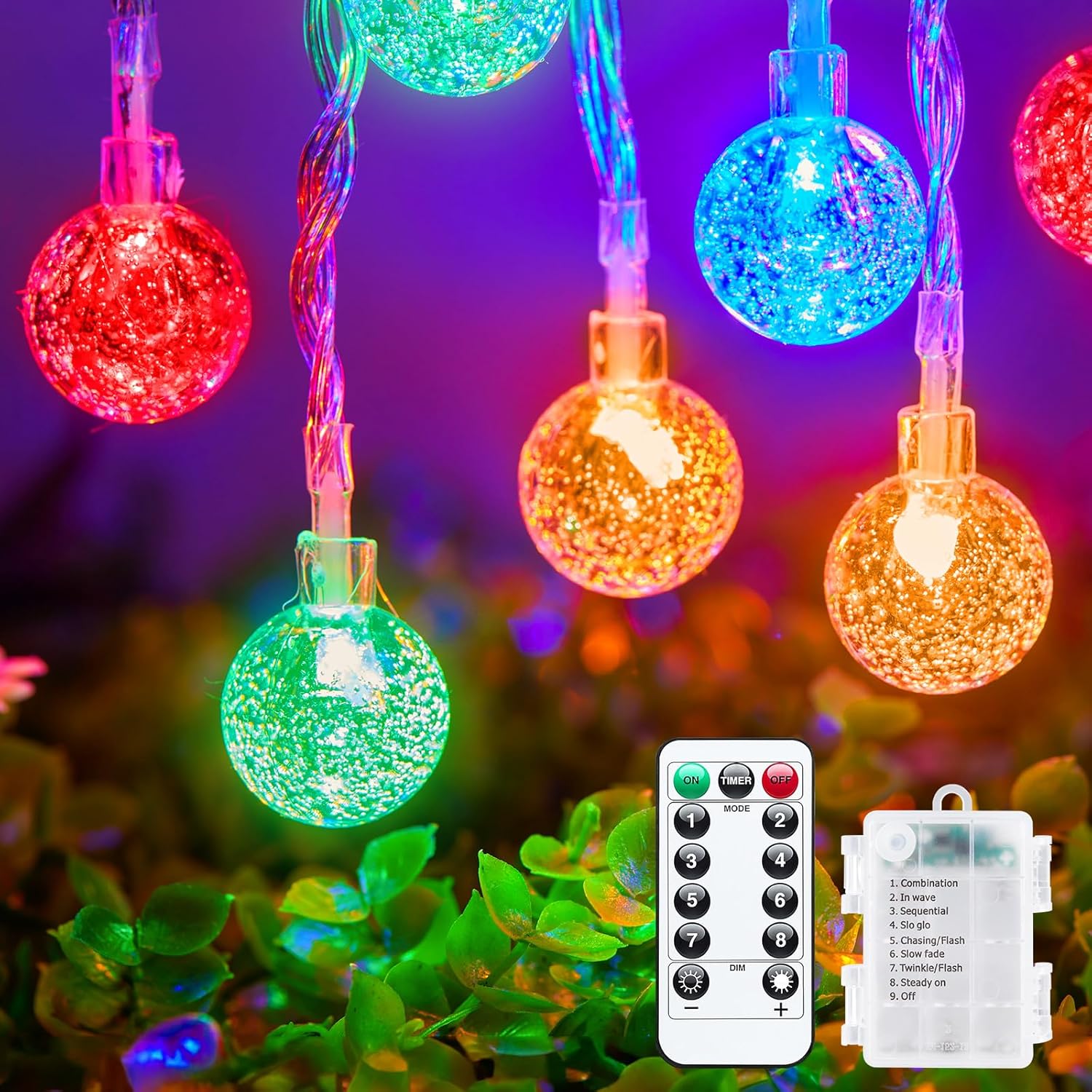 33ft 60 LED Battery Operated Crystal Globe Fairy Lights with Remote, 8 Modes, Multicolor