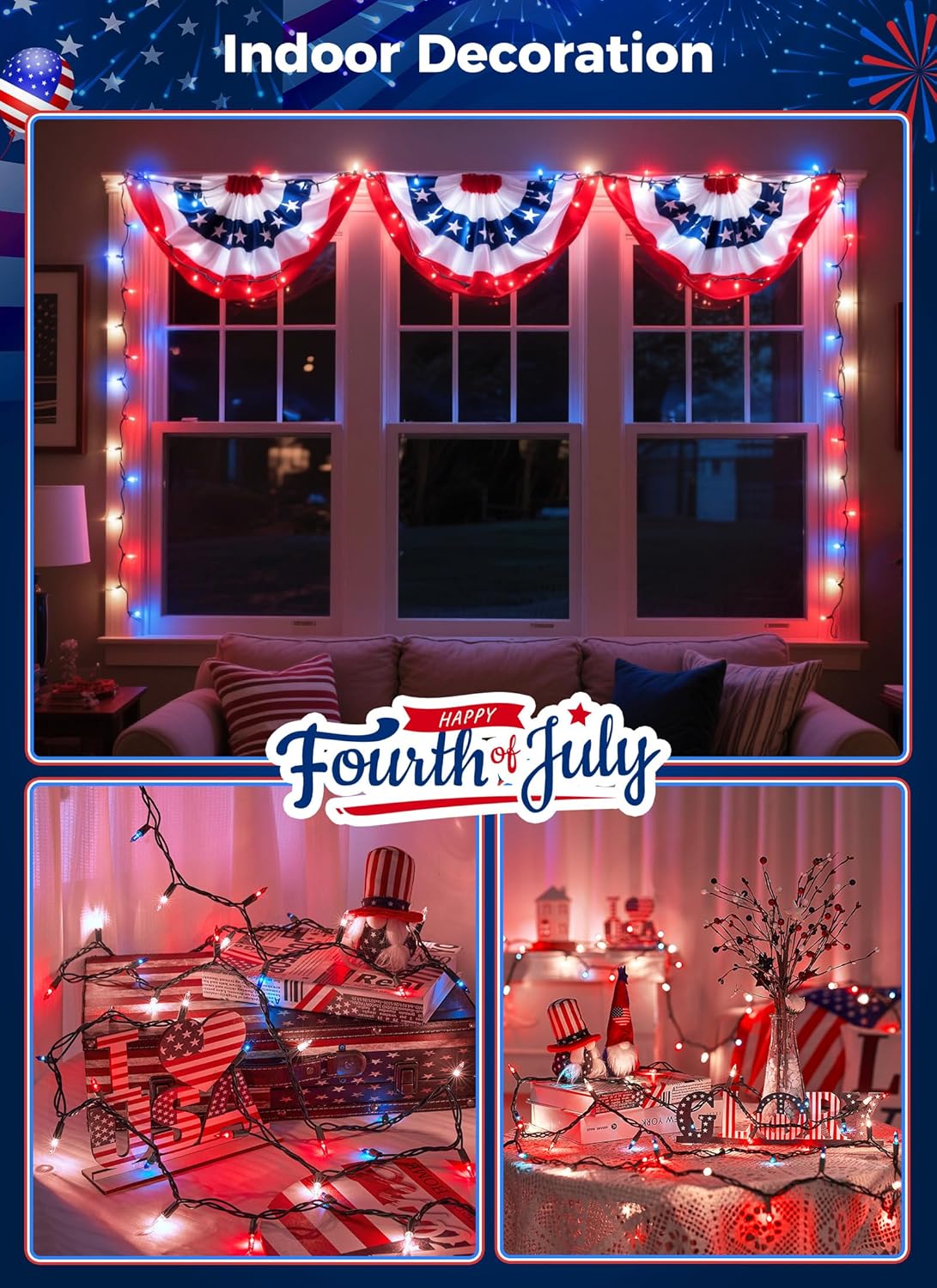 13ft 50 LED Plug in Red White Blue Mini Bulbs String Light for 4th July Independence Day, Green Wire