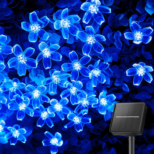 Solar Powered 26ft 60 LED Flowers String Lights for Garden Yard Fence Decor, Blue