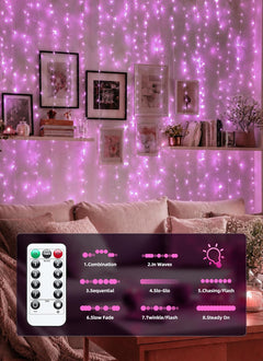 300 LED USB Powered Dimmable Window Curtain Lights with Remote, Pink