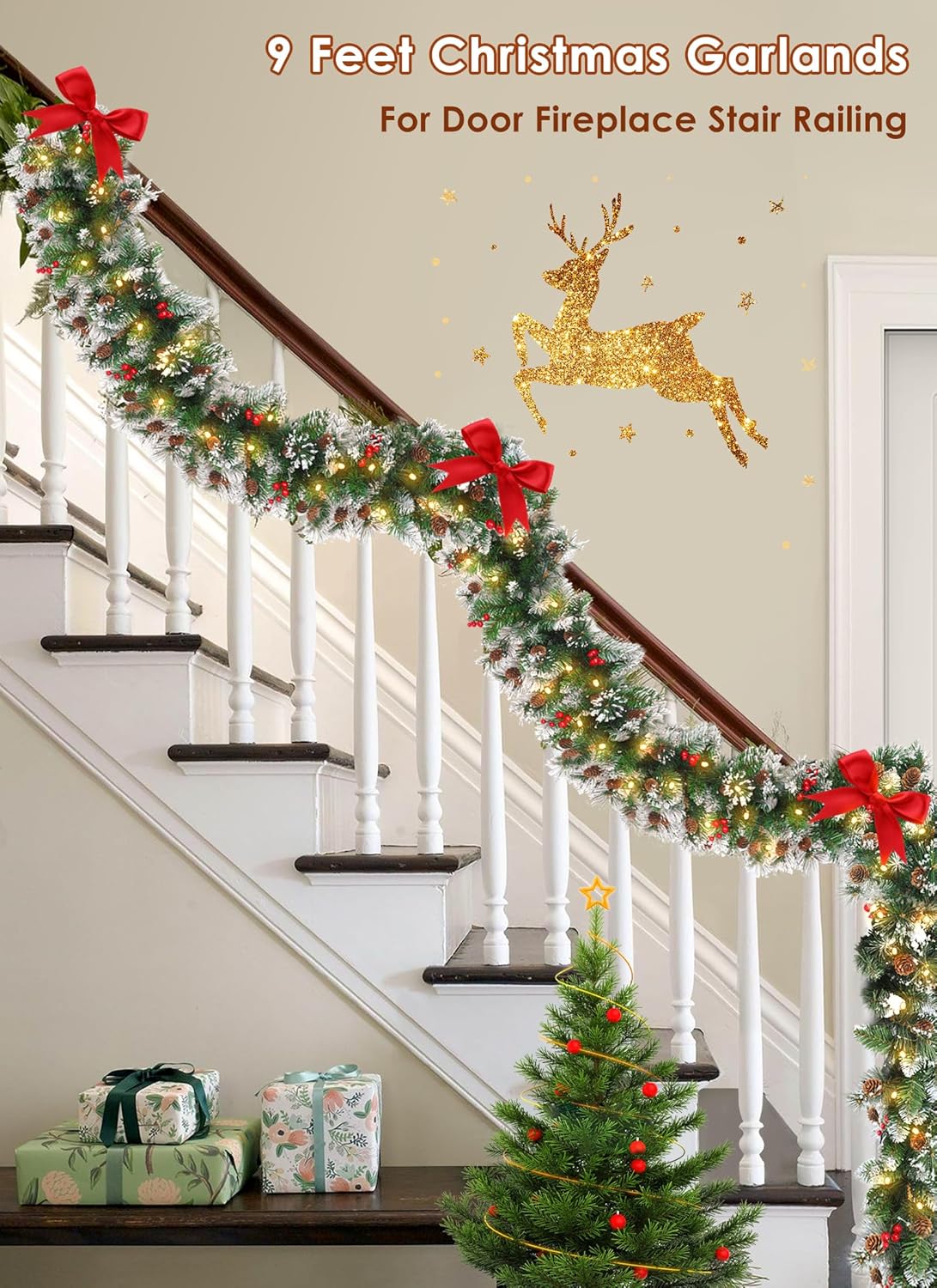 Christmas Garland with Lights, 9ft 100LED Battery Operated Garland Decorated with Pine Cones, Berry, 8 Light Modes & Timer