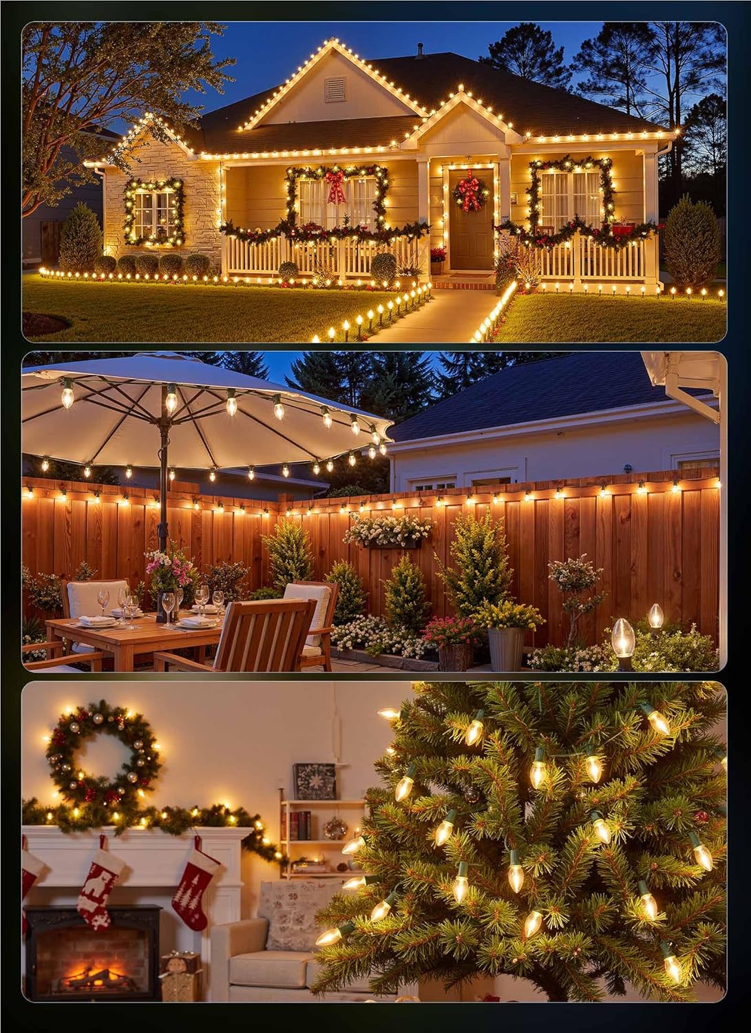 50FT Plug in 50 C9 Clear Bulbs Bright & Warm Christmas String Lights for Home Decor, Green Wire