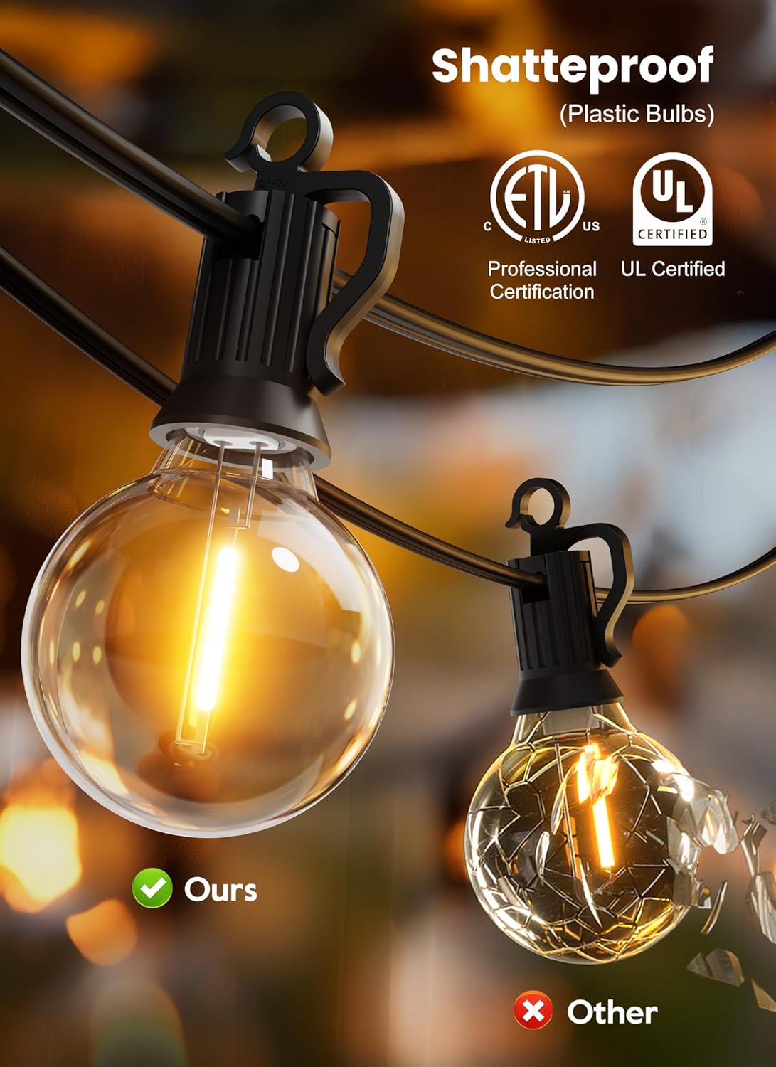 50ft Connectable Patio Lights with 52 G40 LED Plastic Bulbs (2 Spare) for Backyard Bistro Balcony Porch Party Wedding, E12, 2200K, Black