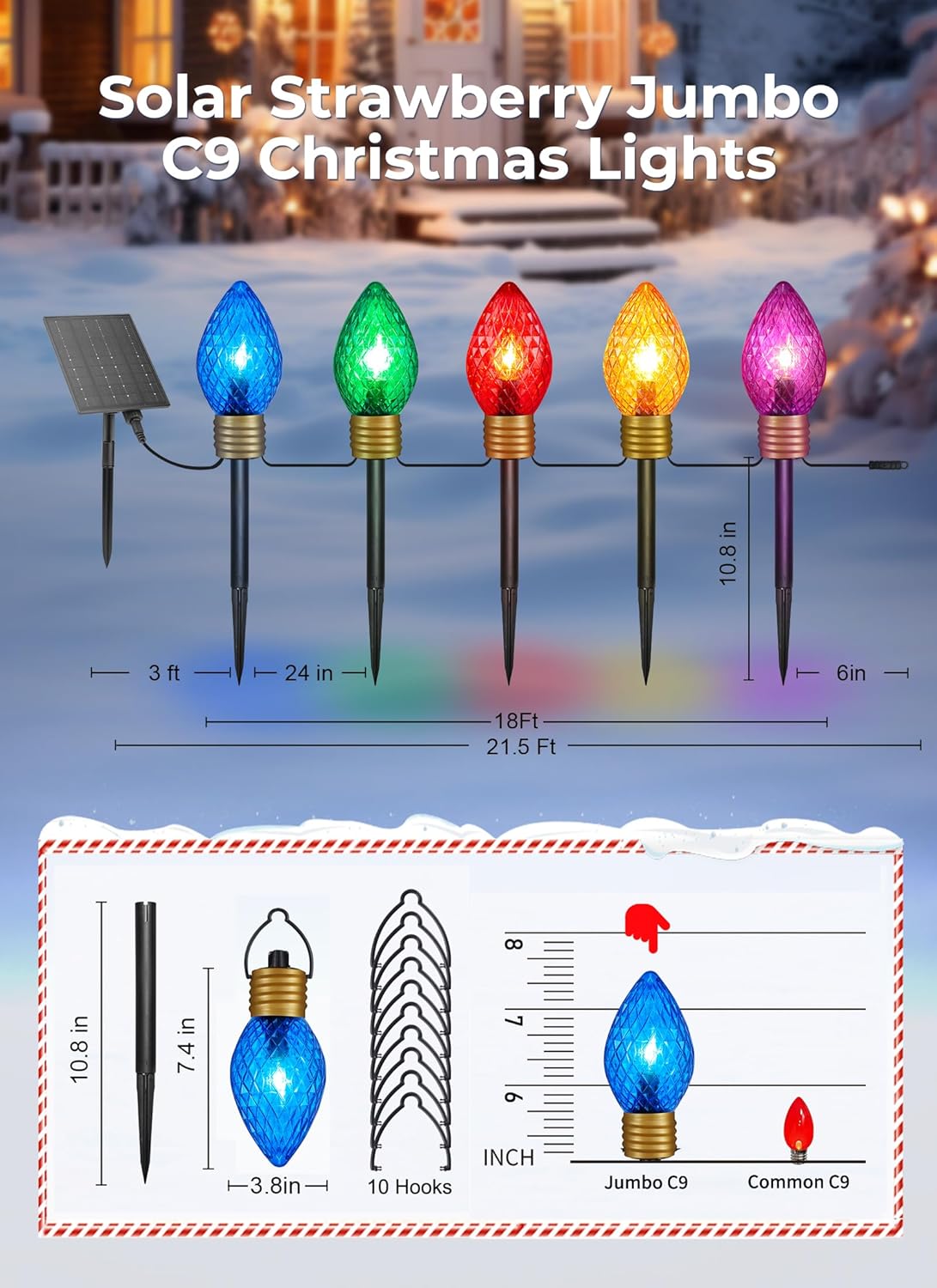 Solar Strawberry Jumbo Christmas Lights Outdoor - 2 Pack Total 44 FT 20 LED Jumbo C9 Christmas Pathway Lights with Timer, 8 Modes, Multicolor
