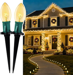 Christmas Pathway Lights with C9 Incandescent Bulbs on Green Wire