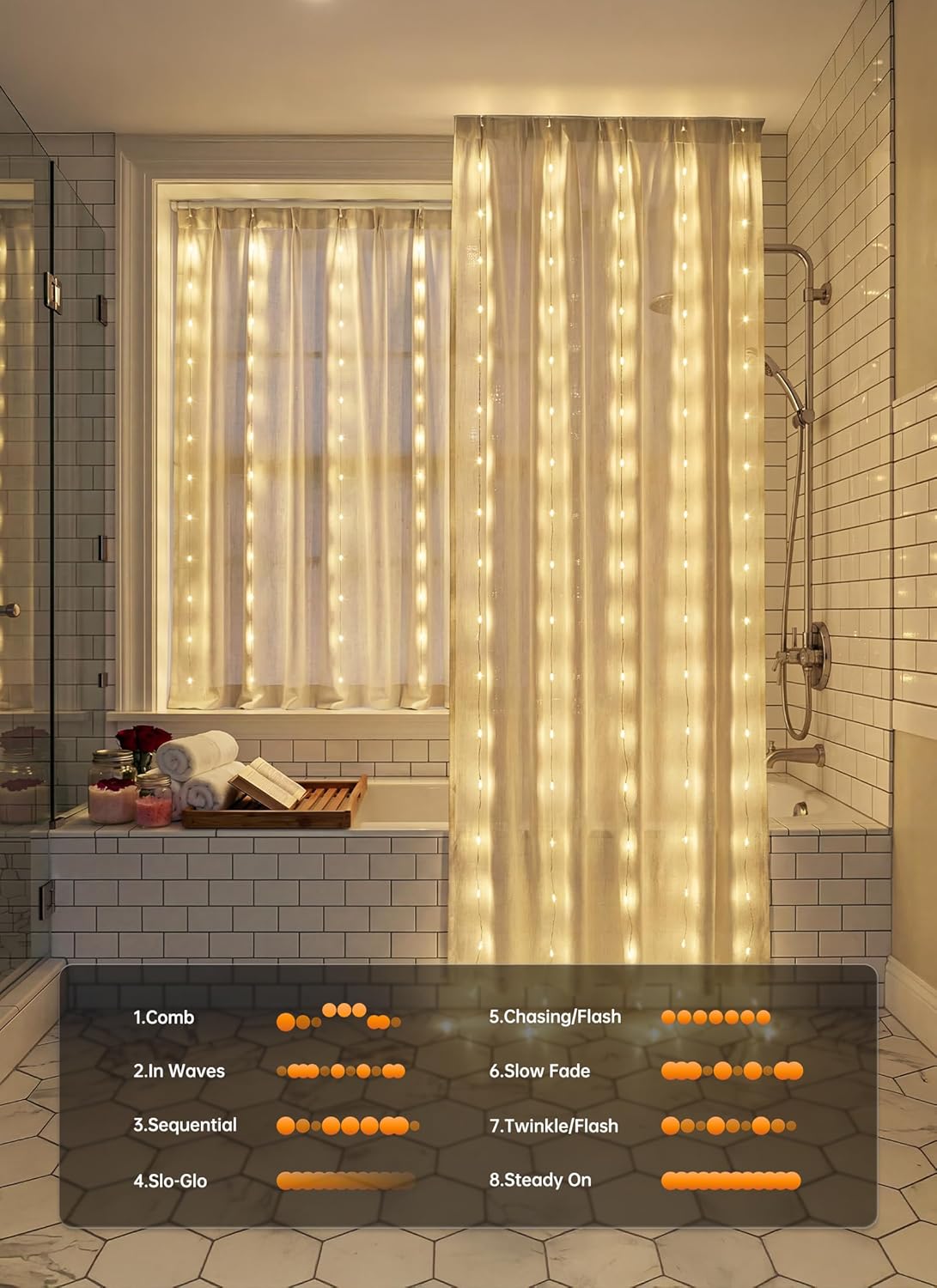 70 Inch 180 LED Battery Operated Shower Curtain Lights, 8 Modes, Warm White (No Curtain)