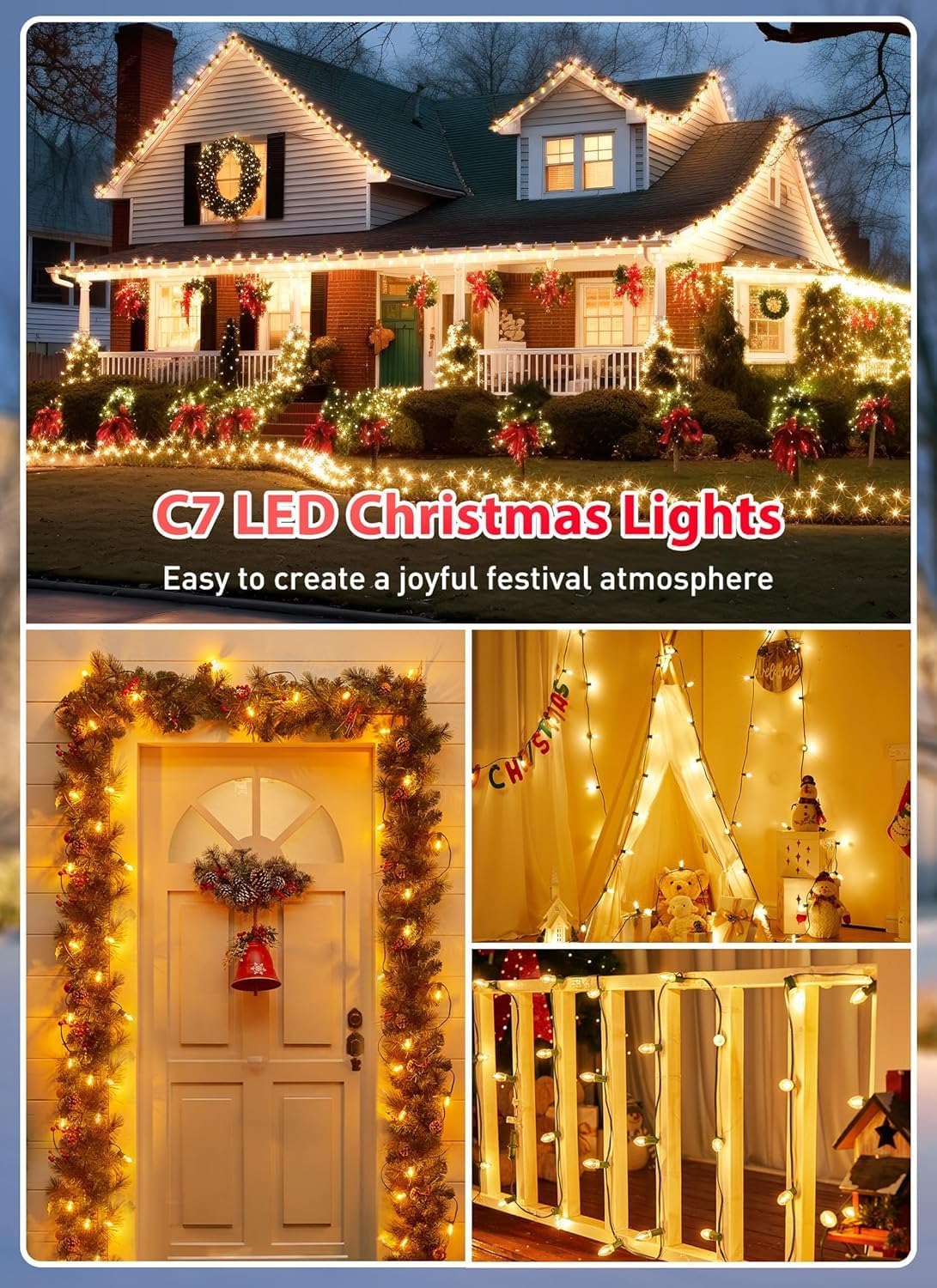 100FT C7 Clear LED Xmas String Lights Outdoor, 104 Connectable Vintage Lamps for Holiday Decor (4 Spare)
