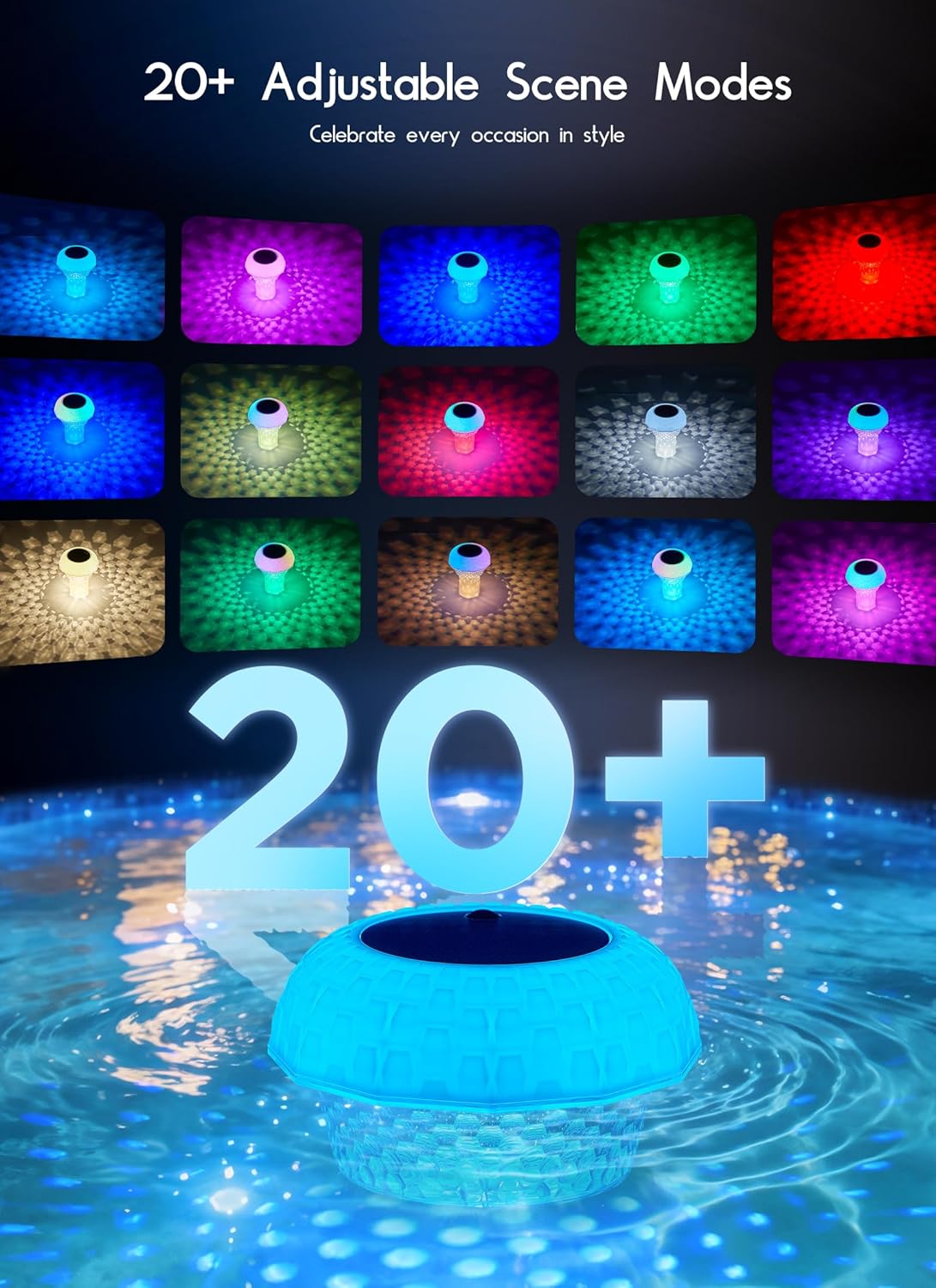 2Pack 2 in 1 Solar Powered RGBWW Floating Pool Lights with Chlorine Floater & Remote, 20+ Light Effects