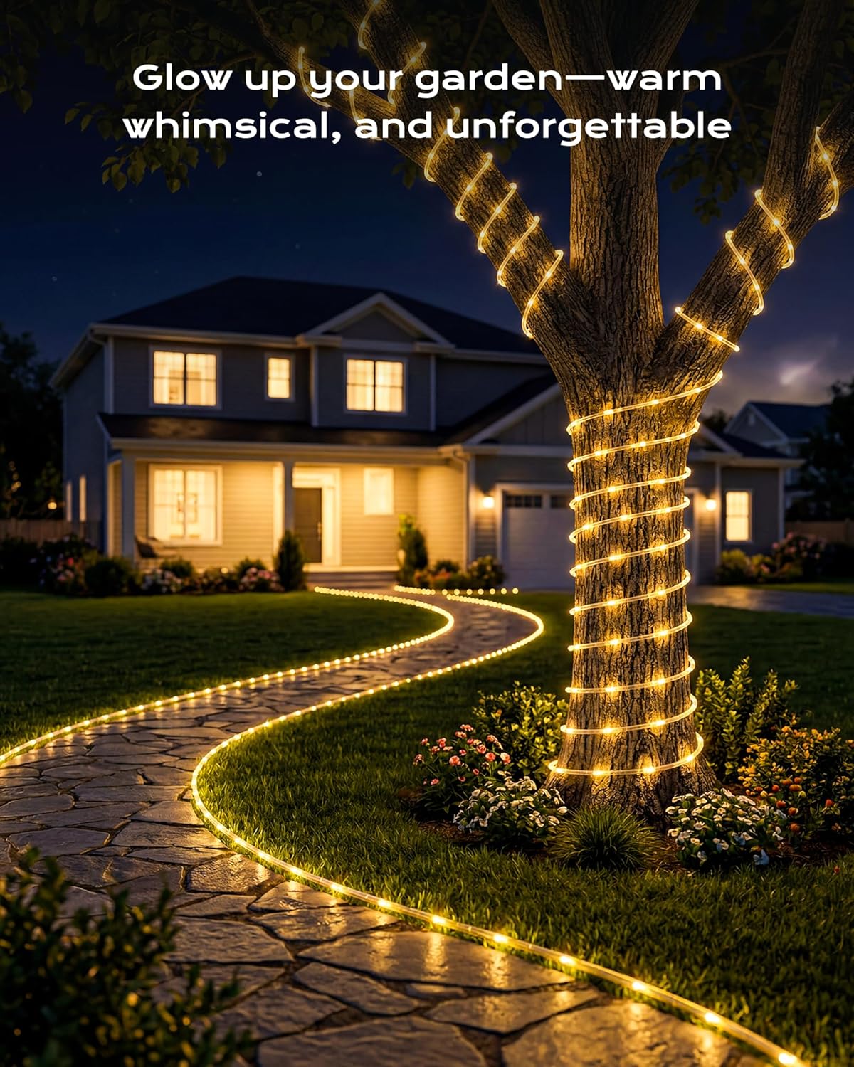 2Pack Total 78FT 200LED Solar Rope Lights, 8 Modes, Warm White