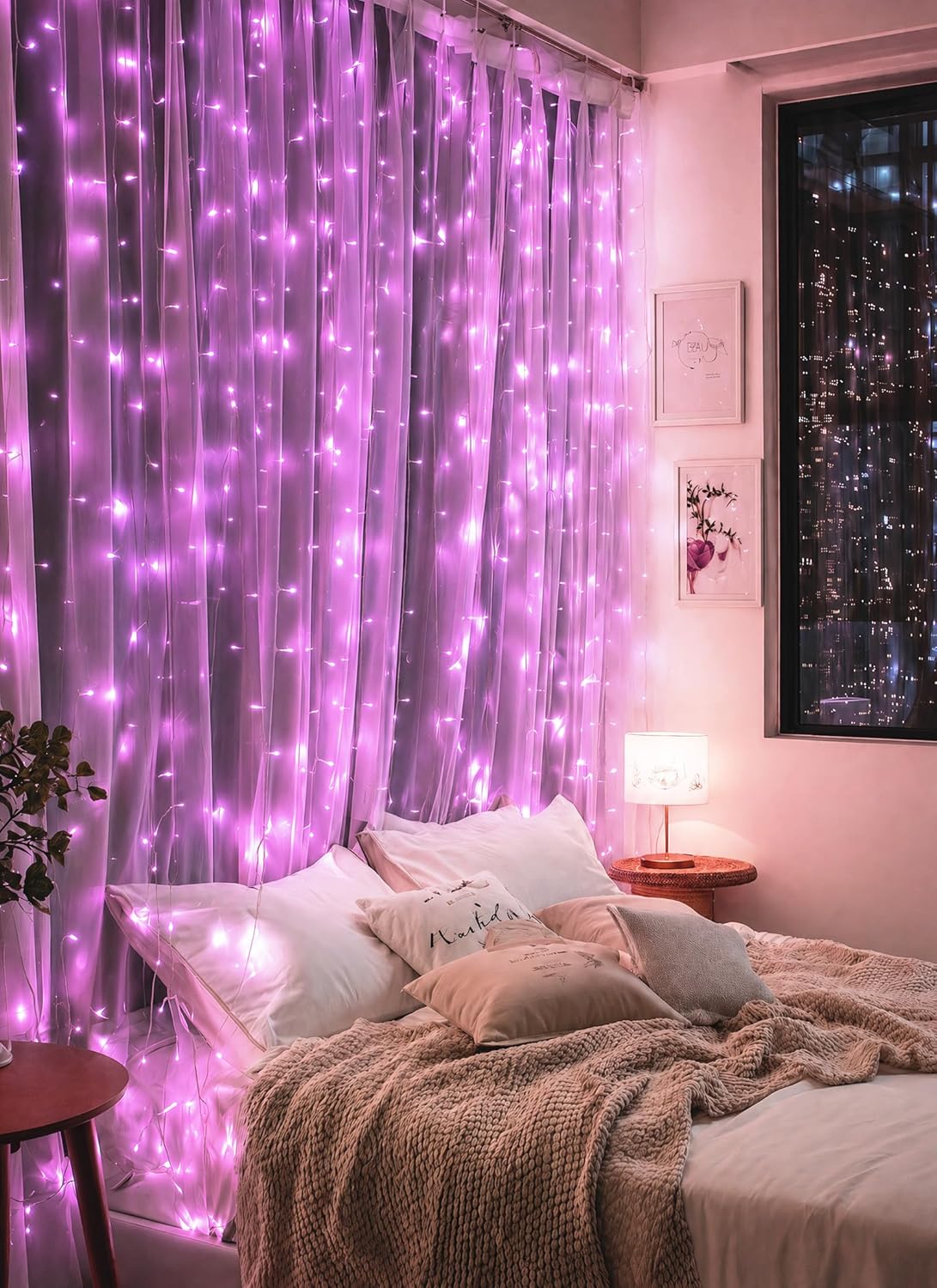 300 LED USB Powered Dimmable Window Curtain Lights with Remote, Pink