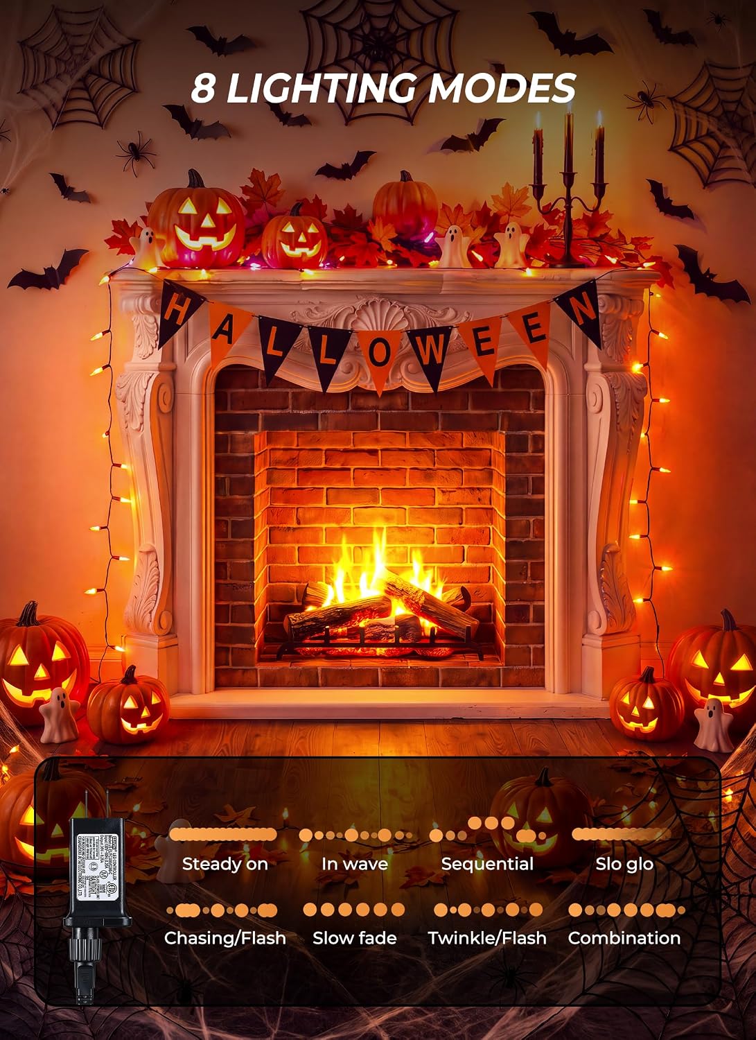33FT Plug in 100 LED Mini Orange Lights for Halloween Fall Party Haunted House, 8 Modes