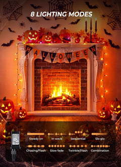 33FT Plug in 100 LED Mini Orange Lights for Halloween Fall Party Haunted House, 8 Modes