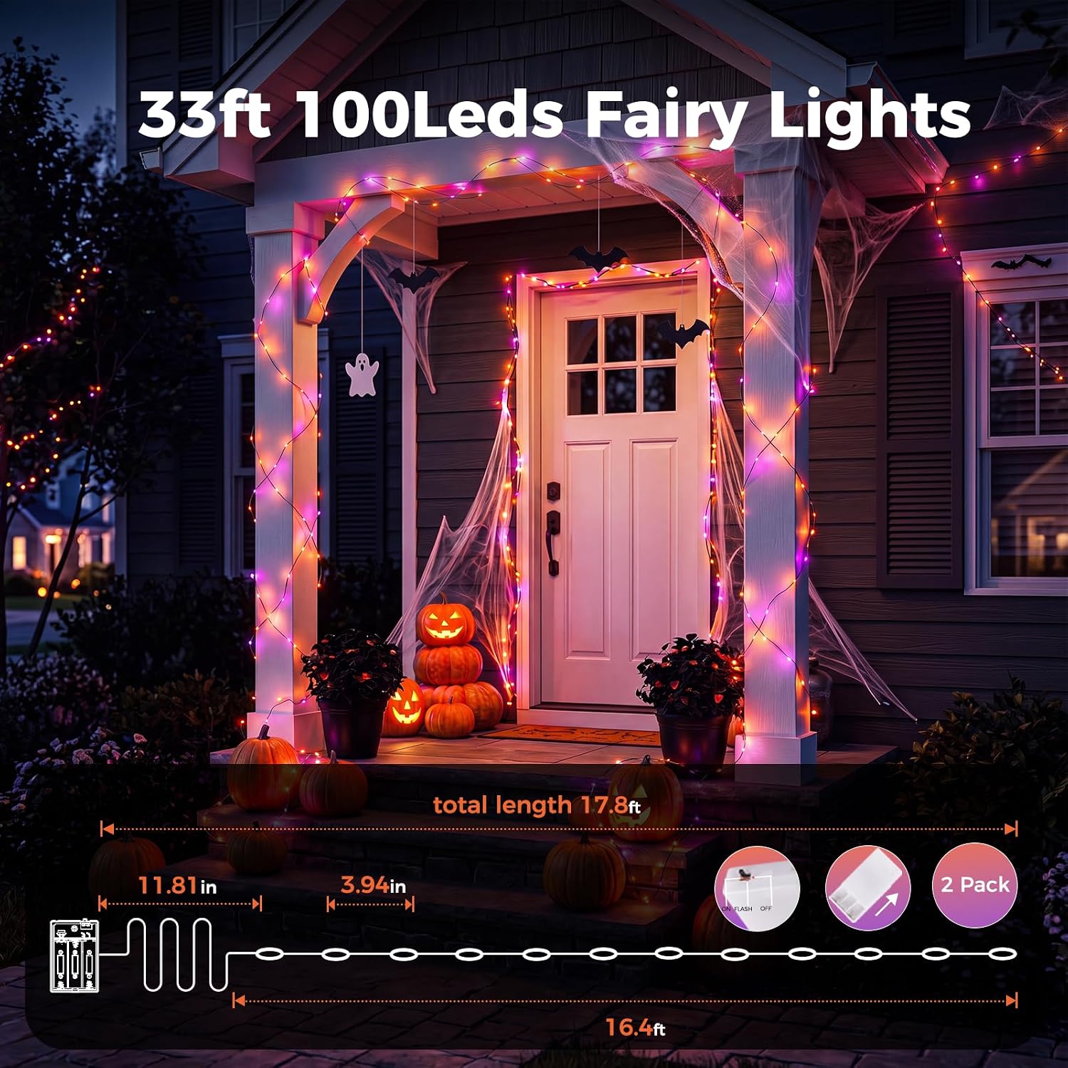 2Pack 16.4FT 50 LED Battery Operated String Light for Halloween Haunted House Party, Orange Purple