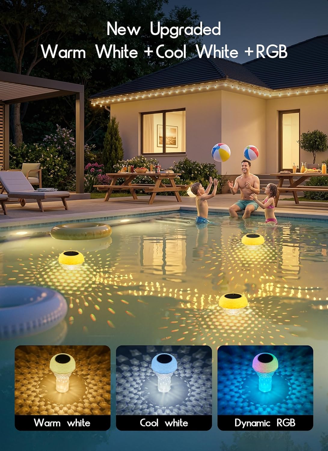2Pack 2 in 1 Solar Powered RGBWW Floating Pool Lights with Chlorine Floater & Remote, 20+ Light Effects