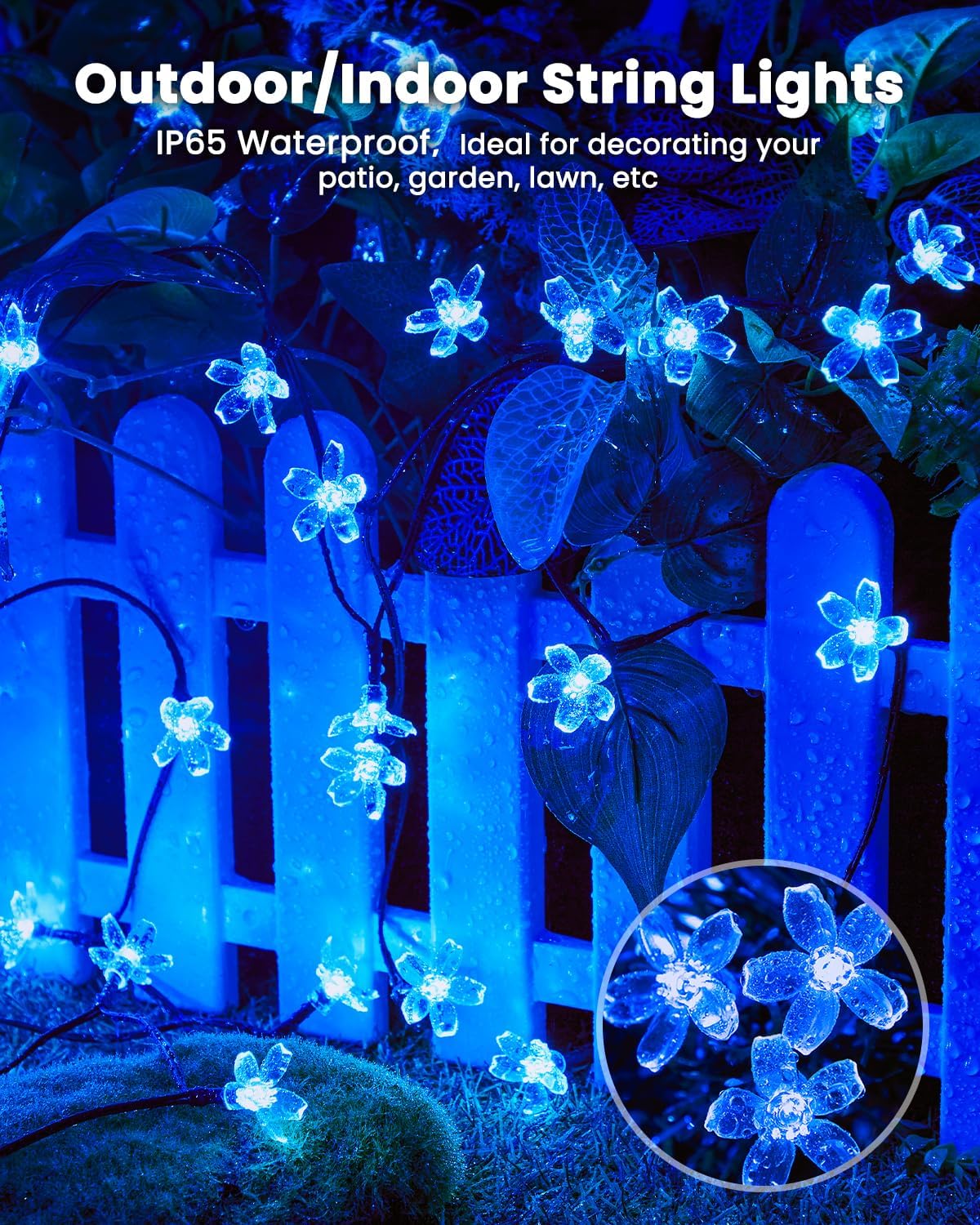 Solar Powered 26ft 60 LED Flowers String Lights for Garden Yard Fence Decor, Blue