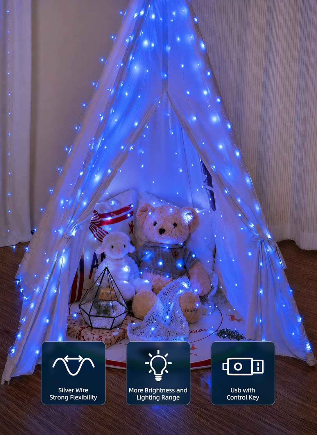 300 LED USB Powered Dimmable Window Curtain Lights with Remote, Blue