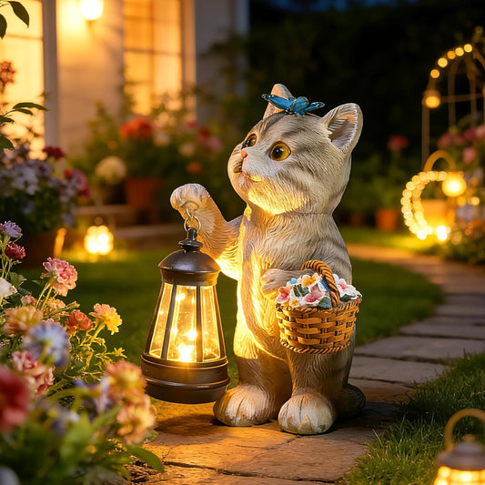 Solar Powered Cat Statue with Lantern Light & Flower Basket for Garden Backyard Decor