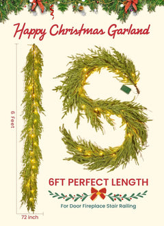 Christmas Garland with Lights, 6Ft Norfolk Pine Garlands, Battery Operated