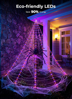 16.4Ft 225 LED Plug in Giant Spider Web Lights Set with Spider for Haunted House Halloween Decor