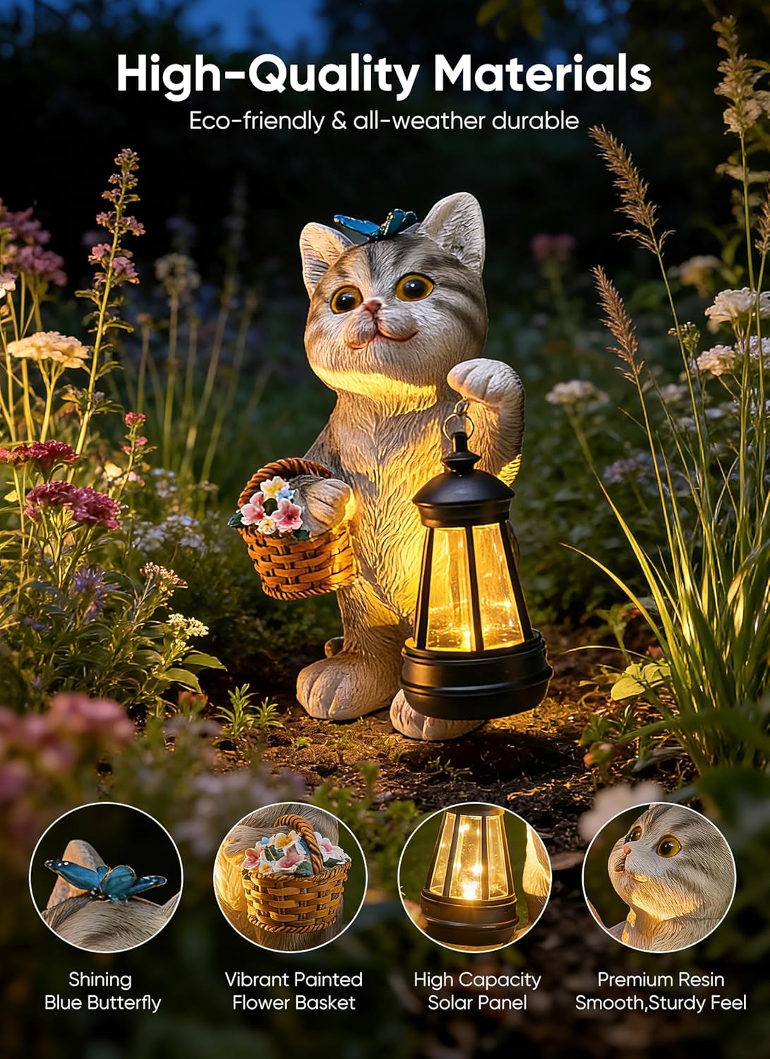 Solar Powered Cat Statue with Lantern Light & Flower Basket for Garden Backyard Decor