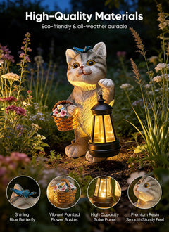 Solar Powered Cat Statue with Lantern Light & Flower Basket for Garden Backyard Decor