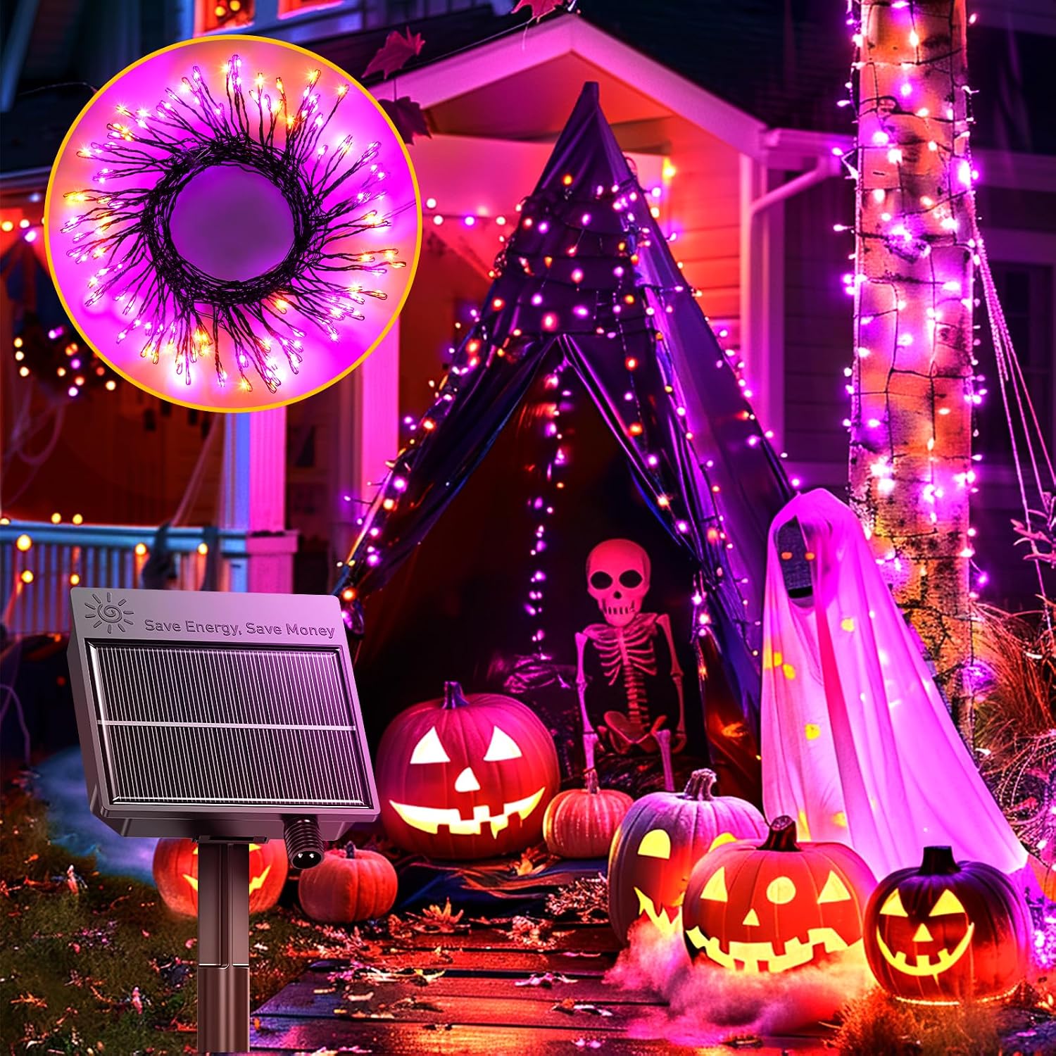 20ft 240 LED Solar Firecrackers Twinkle Lights for Halloween Haunted House Party, Orange and Purple