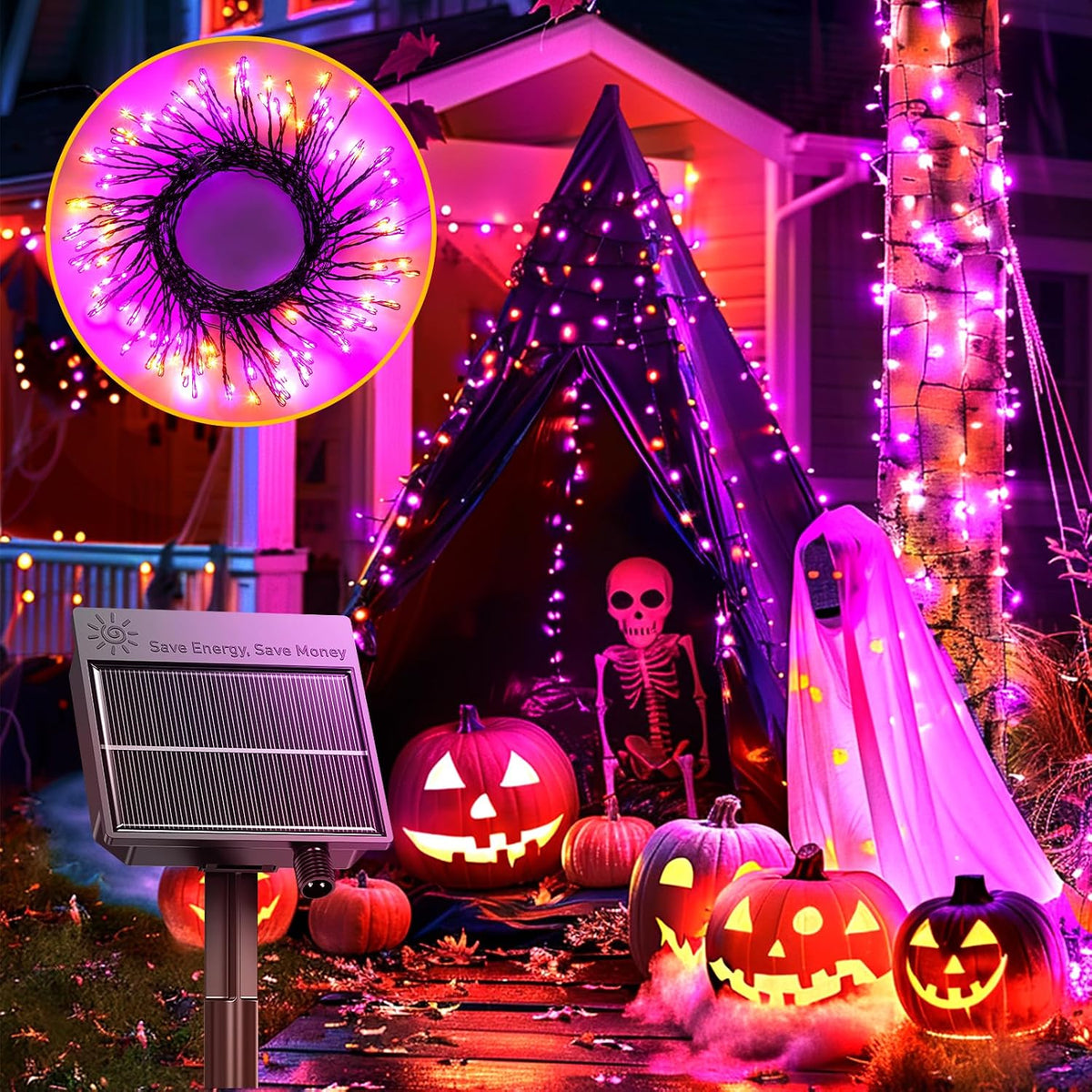 20ft 240 LED Solar Firecrackers Twinkle Lights for Halloween Haunted House Party, Orange and Purple