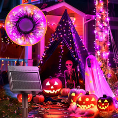 20ft 240 LED Solar Firecrackers Twinkle Lights for Halloween Haunted House Party, Orange and Purple