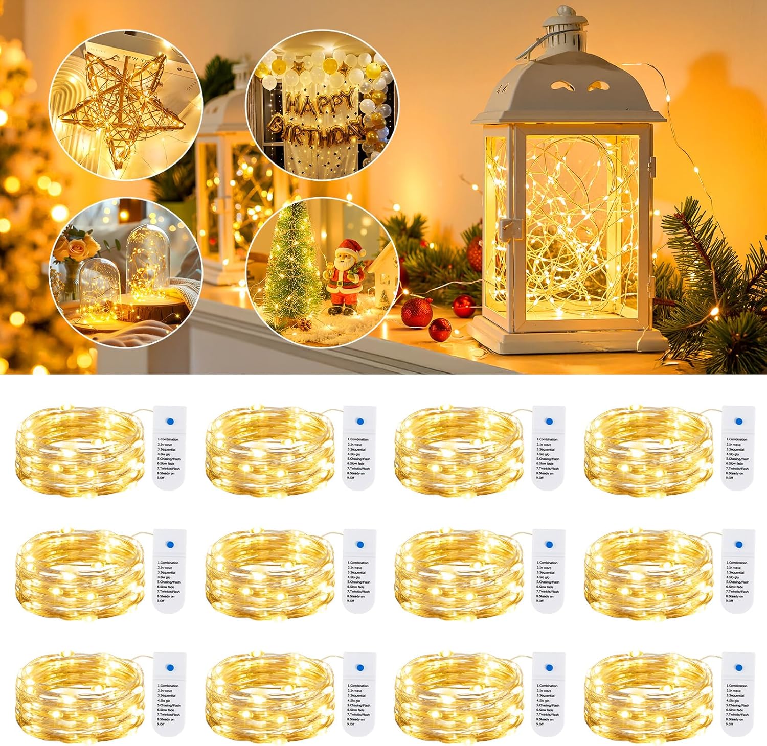 8 Modes! 12 Pack 7FT 20 LED Battery Operated Silver Wire Firefly Starry Moon Lights for DIY Crafts