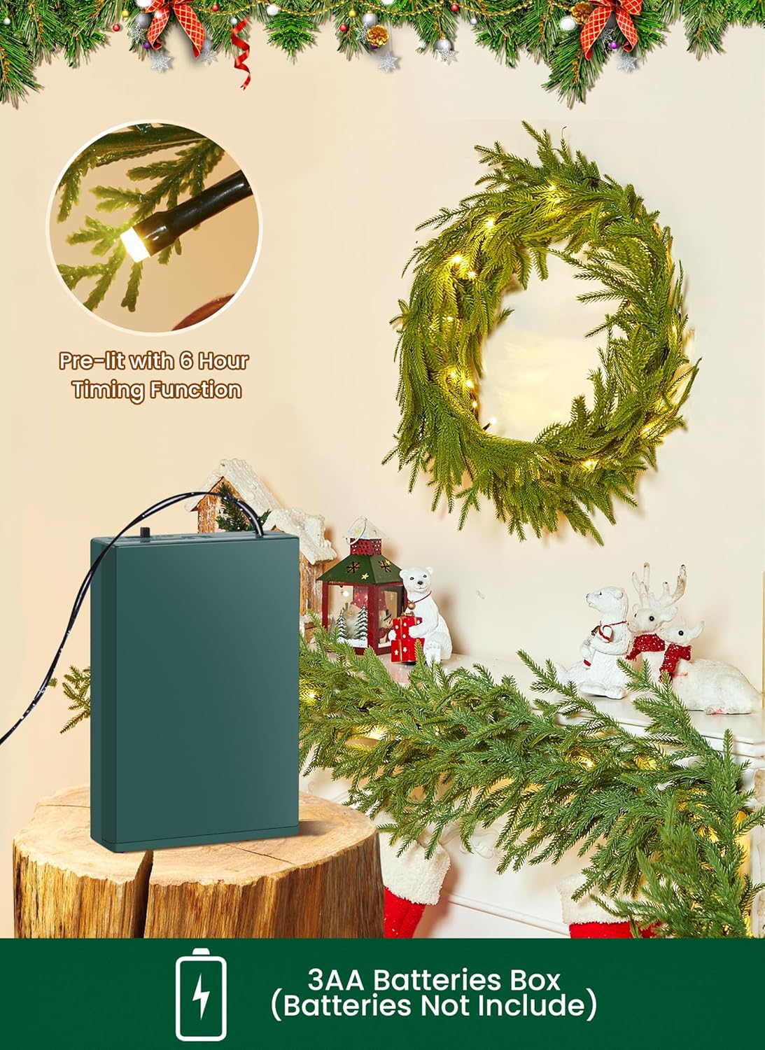 Christmas Garland with Lights, 6Ft Norfolk Pine Garlands, Battery Operated