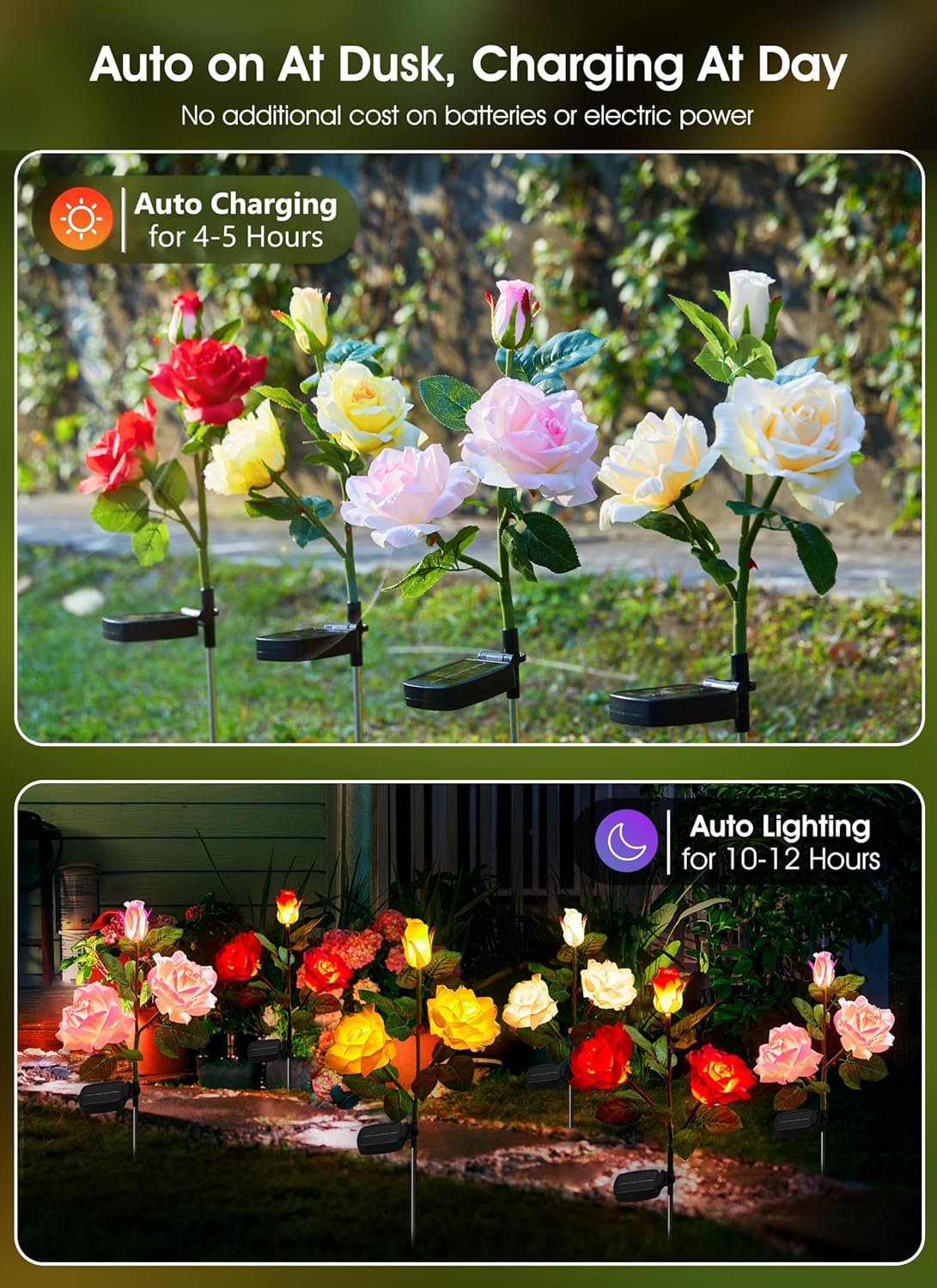 4 Pack Realistic Rose Flowers Solar Garden Pathway Lights for Yard & Patio Decorations, Waterproof