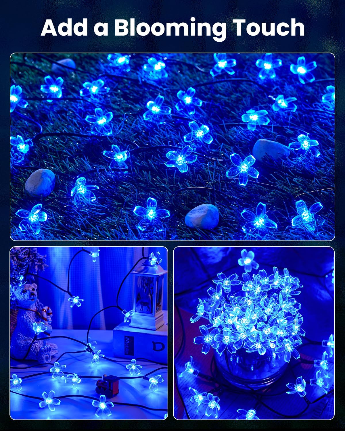 Solar Powered 26ft 60 LED Flowers String Lights for Garden Yard Fence Decor, Blue
