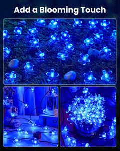 Solar Powered 26ft 60 LED Flowers String Lights for Garden Yard Fence Decor, Blue