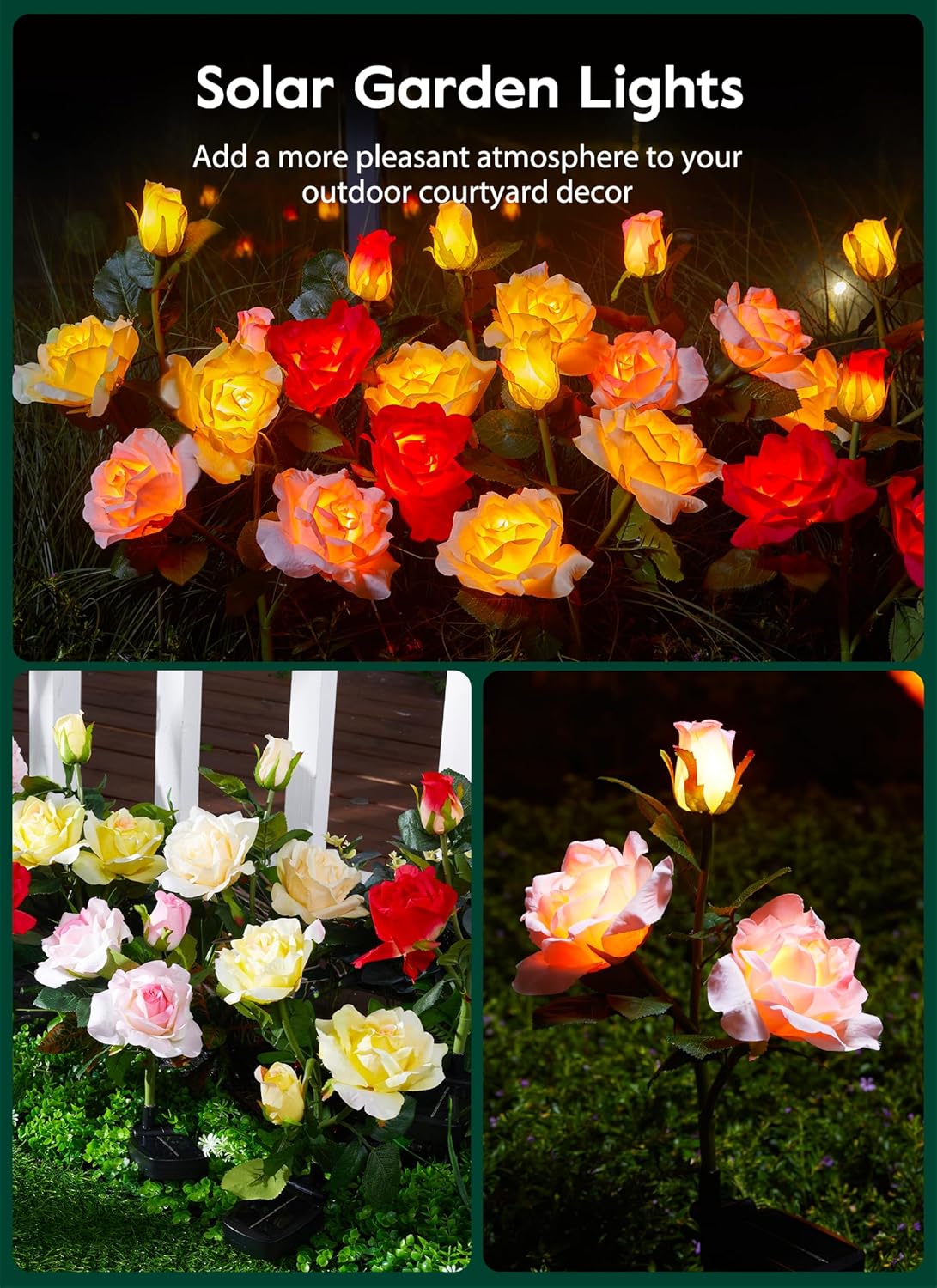 4 Pack Realistic Rose Flowers Solar Garden Pathway Lights for Yard & Patio Decorations, Waterproof
