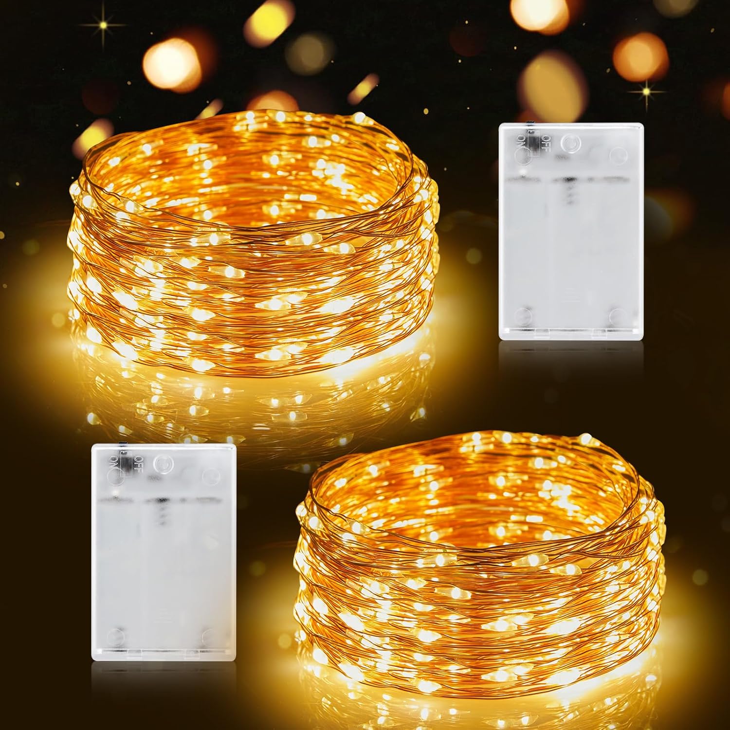 2 Pack 33FT 100 LEDs Mini Battery Operated Copper Wire String Lights, Warm White