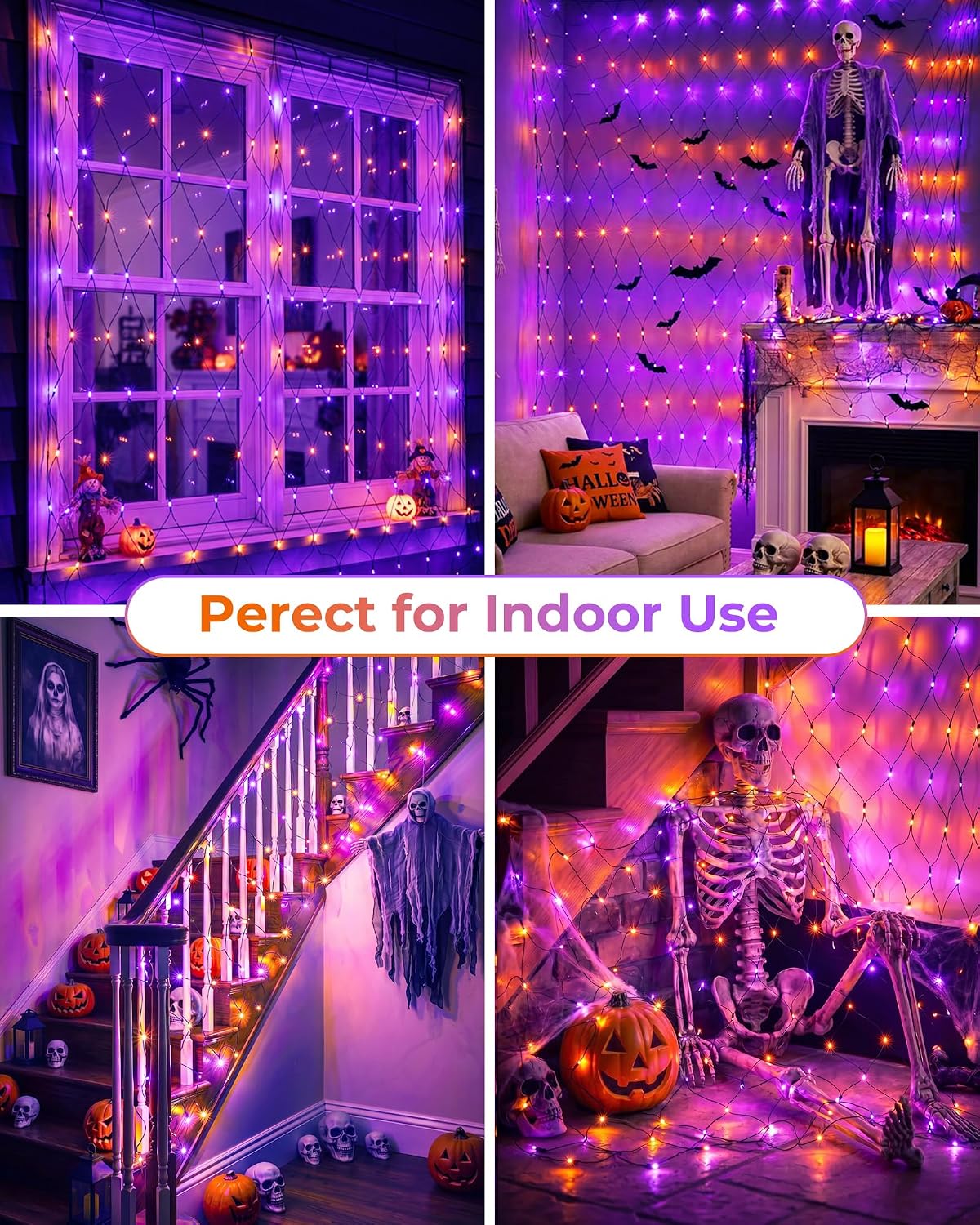 2 Pack 12×5FT 360 LED Halloween Net Lights Outdoor, 12 Light Modes & Timer, Orange & Purple