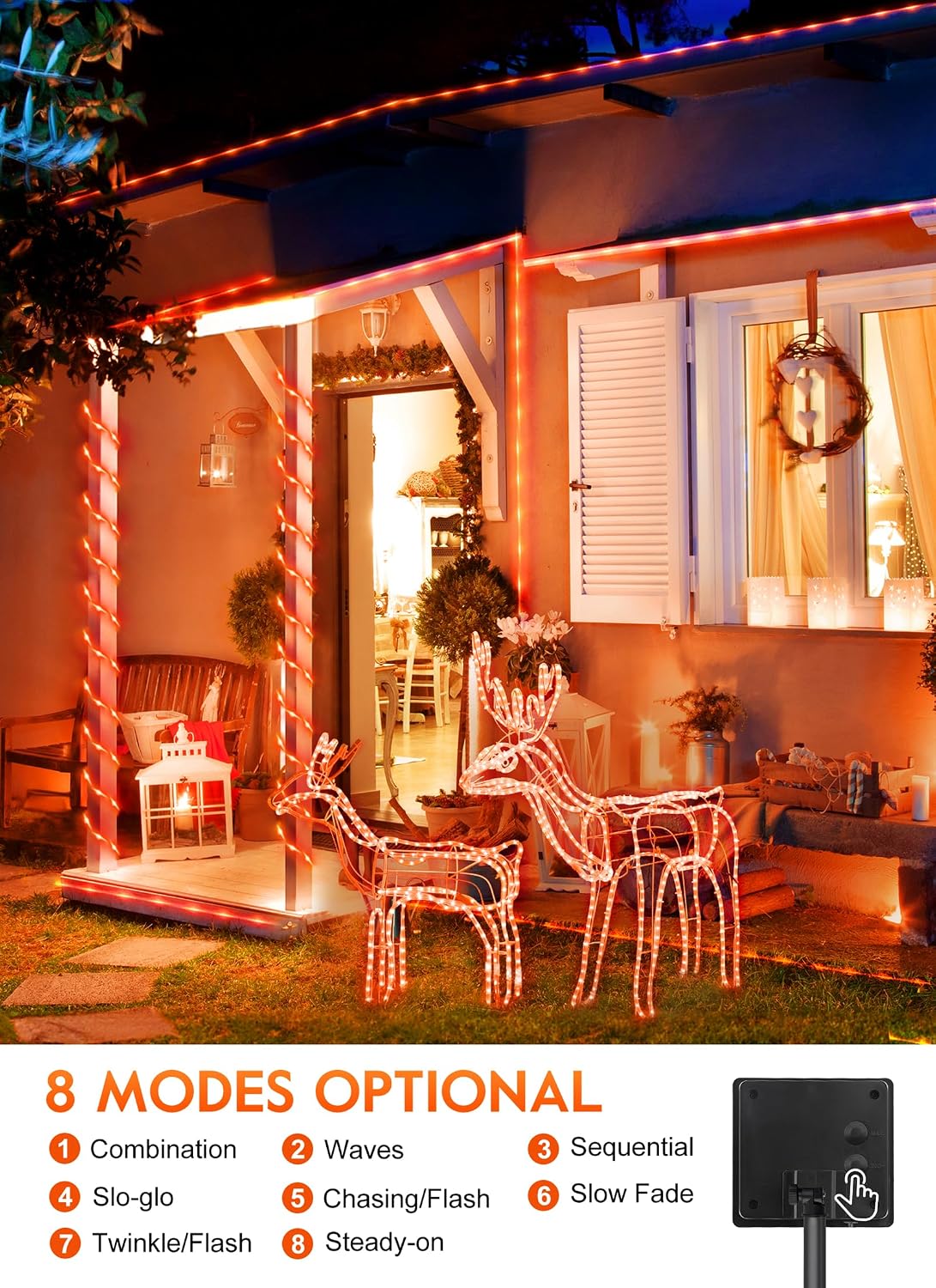 39FT 100LED Solar Rope Lights for Halloween Haunted House Party, 8 Modes, Orange