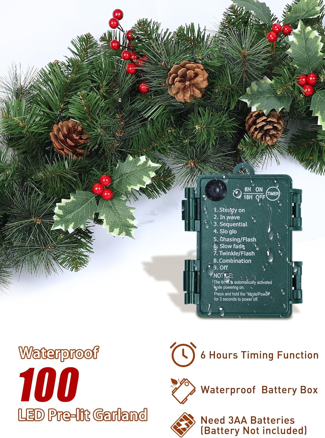 Pre-lit Christmas Garland with Lights, 9Ft 100LED Lighted Garland with 8 Light Modes & Timer