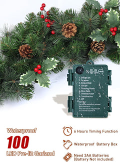 Pre-lit Christmas Garland with Lights, 9Ft 100LED Lighted Garland with 8 Light Modes & Timer