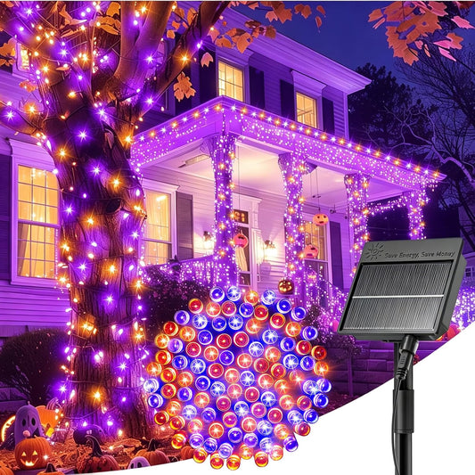 40FT 100 LED Solar String Lights for Halloween Haunted House Party, Black Wire, Orange & Purple