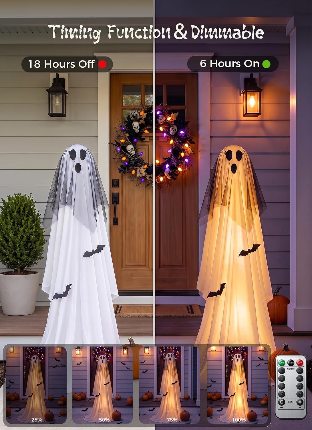 2 Pack Battery Operated Light Up Halloween Veil & Witch Hat Ghosts Decorations Outdoor