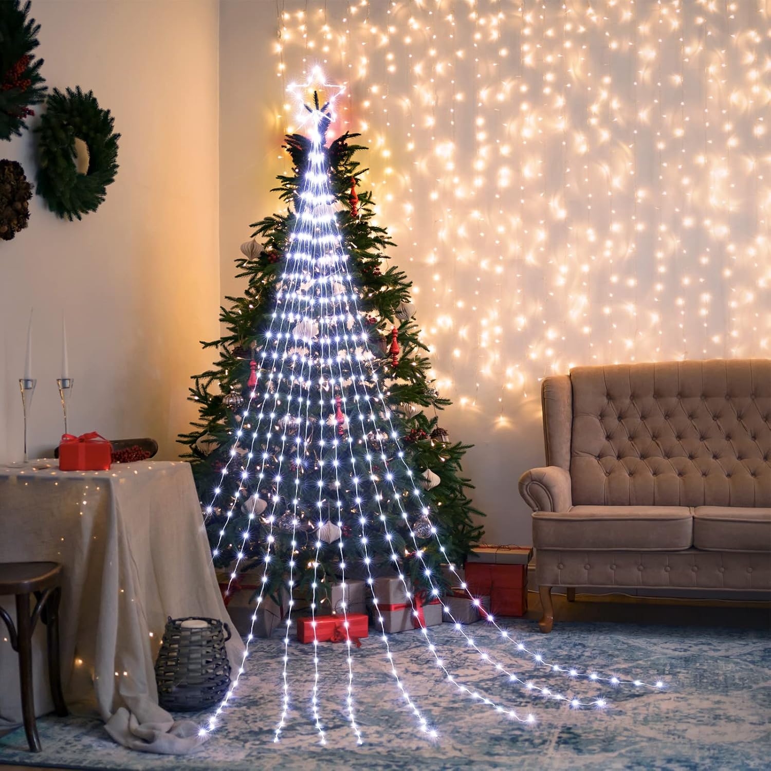 344 LED Waterfall Christmas Tree Lights with 11" Topper Iron Star, Pure White