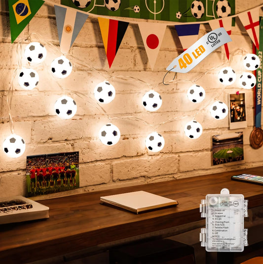 20.8Ft Battery Operated 40 LED Soccer Ball String Lights for Sports Fans, 8 Modes, White