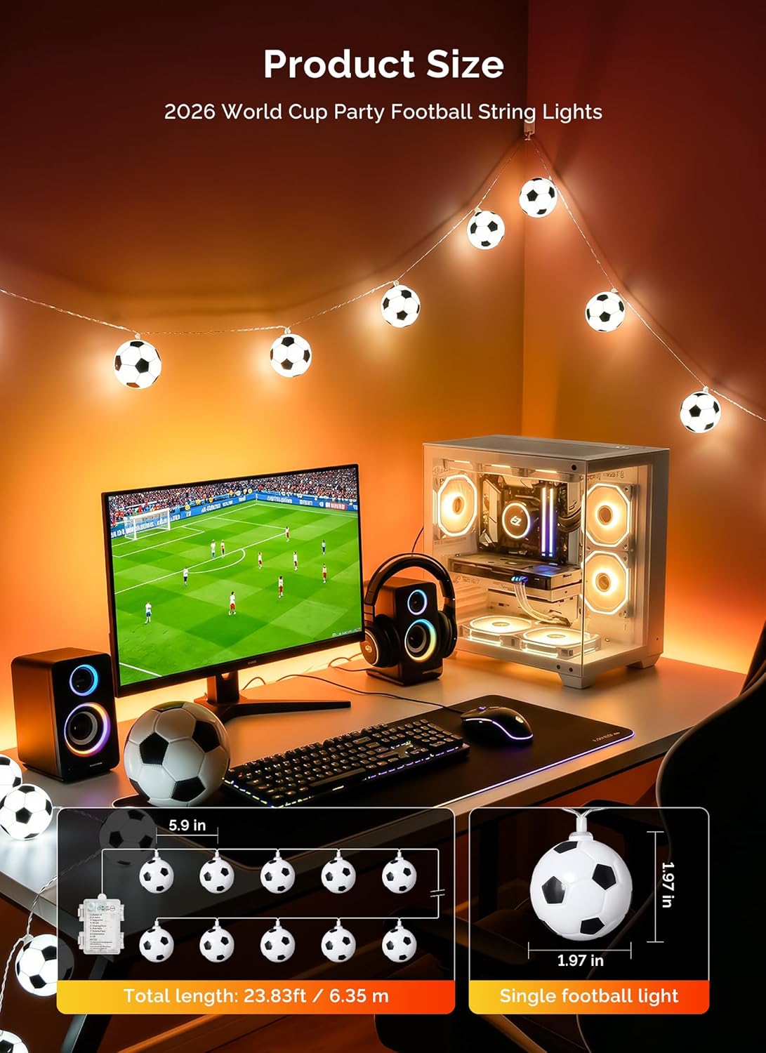 11Ft Battery Operated 20 LED Soccer Ball String Lights for Sports Fans, 8 Modes, White